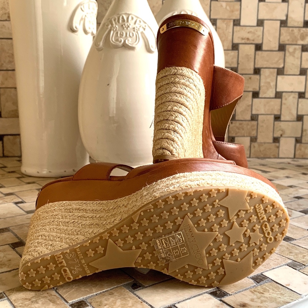 Jimmy Choo Tan Leather Espadrille Wedges - Picture 5 of 5